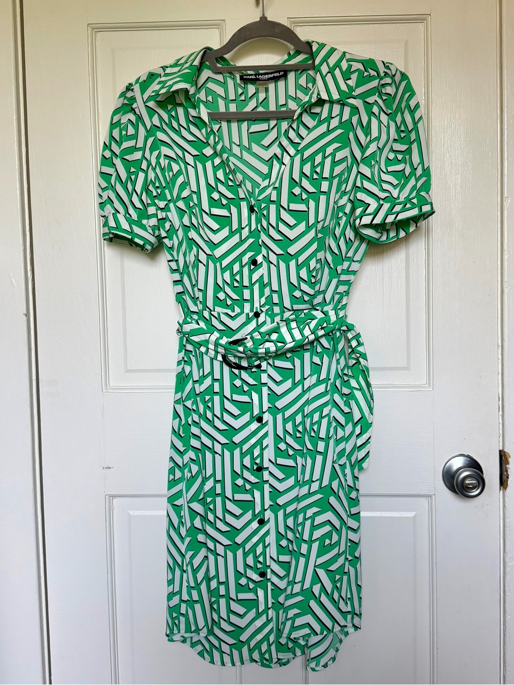 Karl Lagerfeld Paris Printed Puff-Sleeve Collared Belted Dress, Size 10